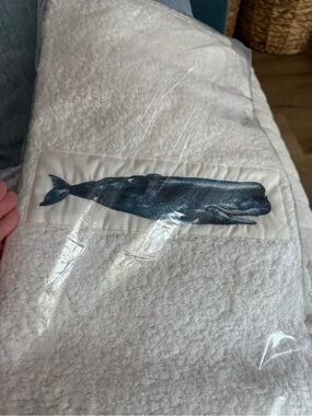 Tide Hill White Embroidered Whale Bath Towel set and bath mat.